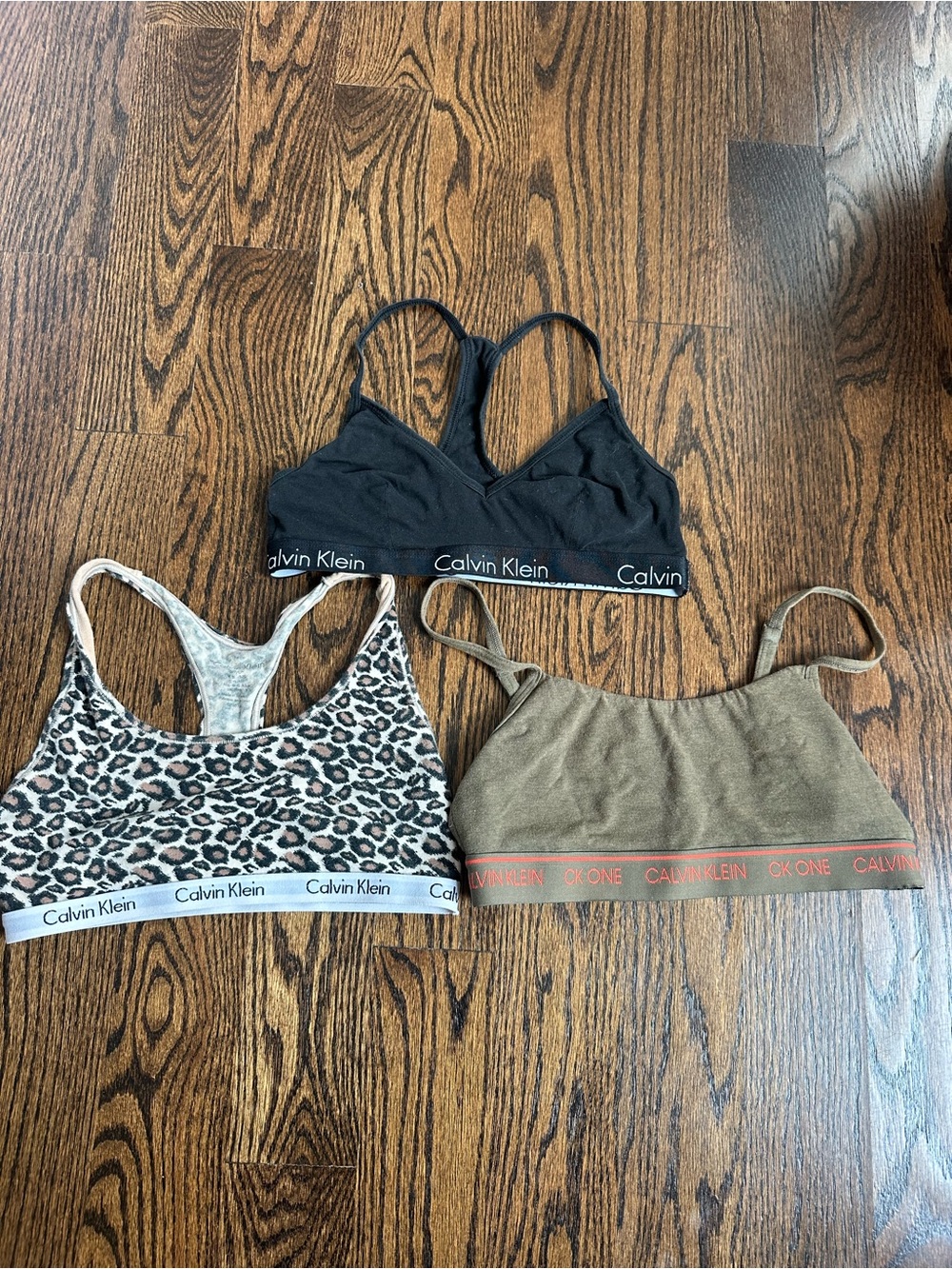 Calvin Klein Bralette Trio — Black, Leopard, Olive Green
